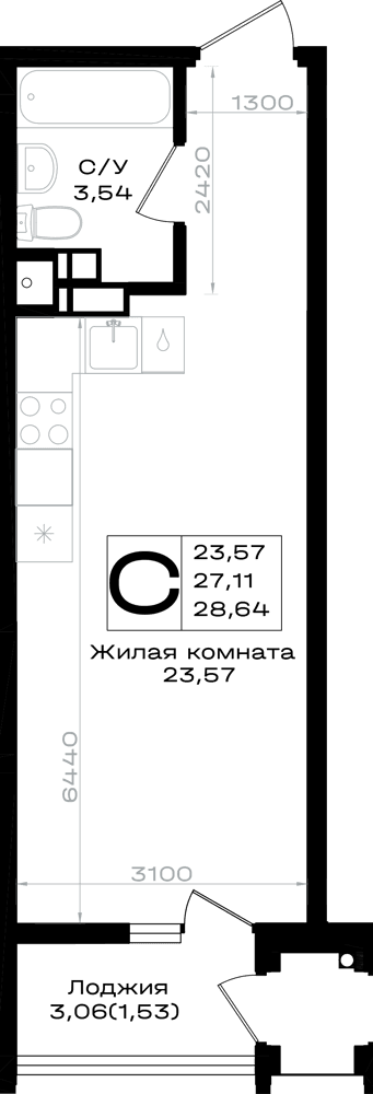 Студия, 28.64 м² · Южно