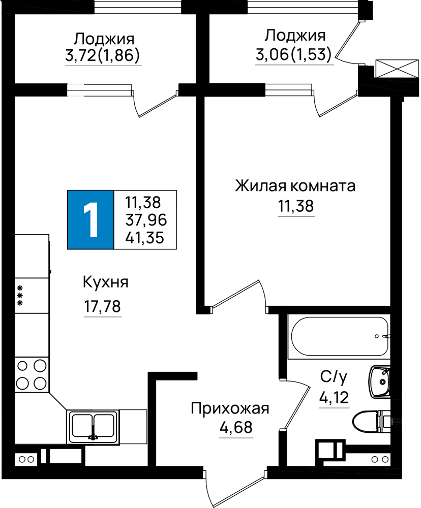 1-к, 41.35 м² · Резиденция морей