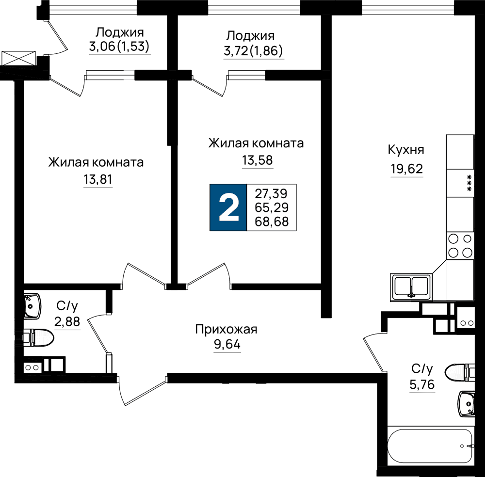 2-к, 68.68 м² · Резиденция морей
