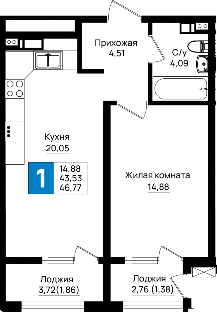 1-к, 46.77 м² · Резиденция морей