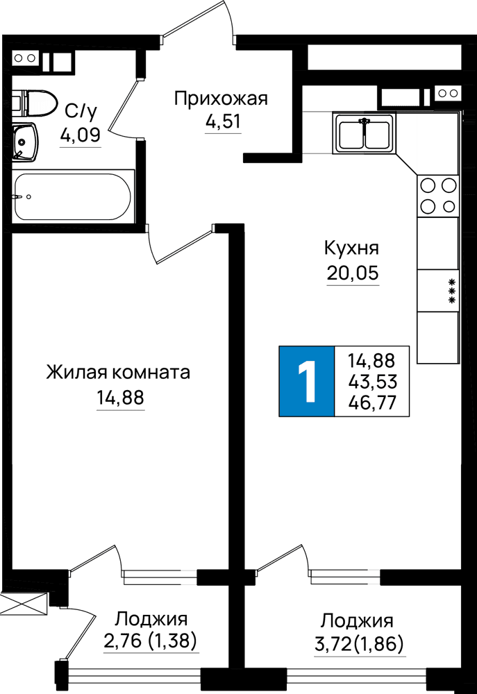 1-к, 46.77 м² · Резиденция морей