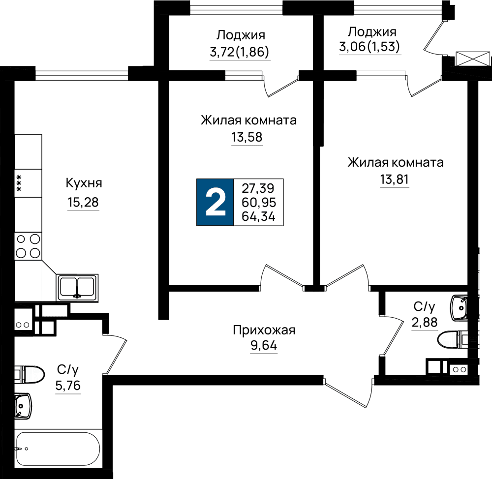 2-к, 64.34 м² · Резиденция морей