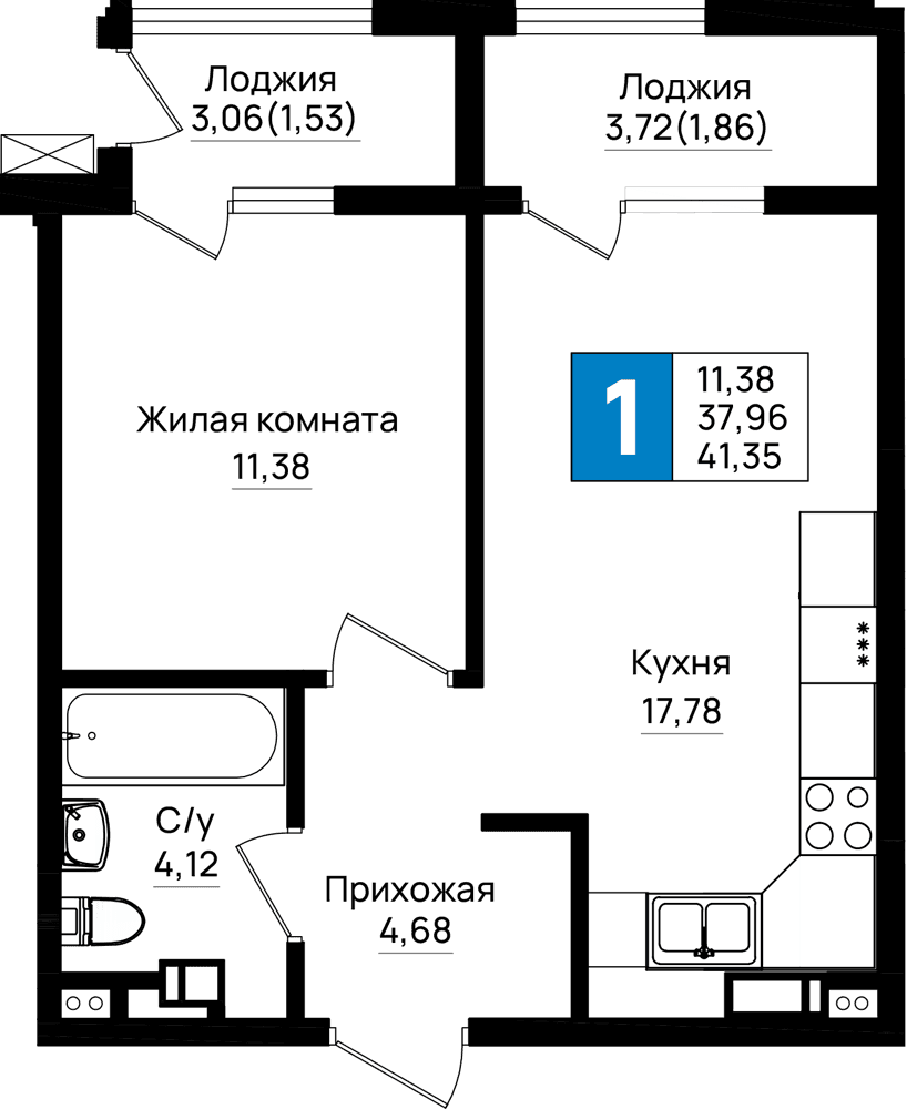 1-к, 41.35 м² · Резиденция морей