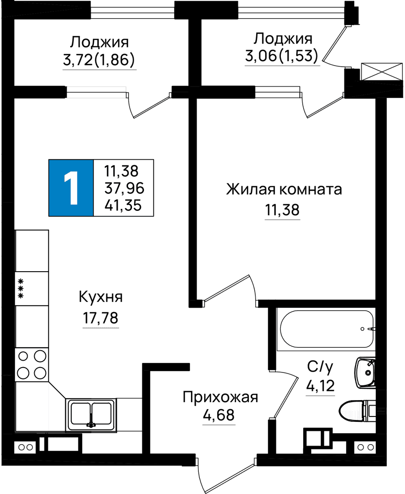 1-к, 41.35 м² · Резиденция морей