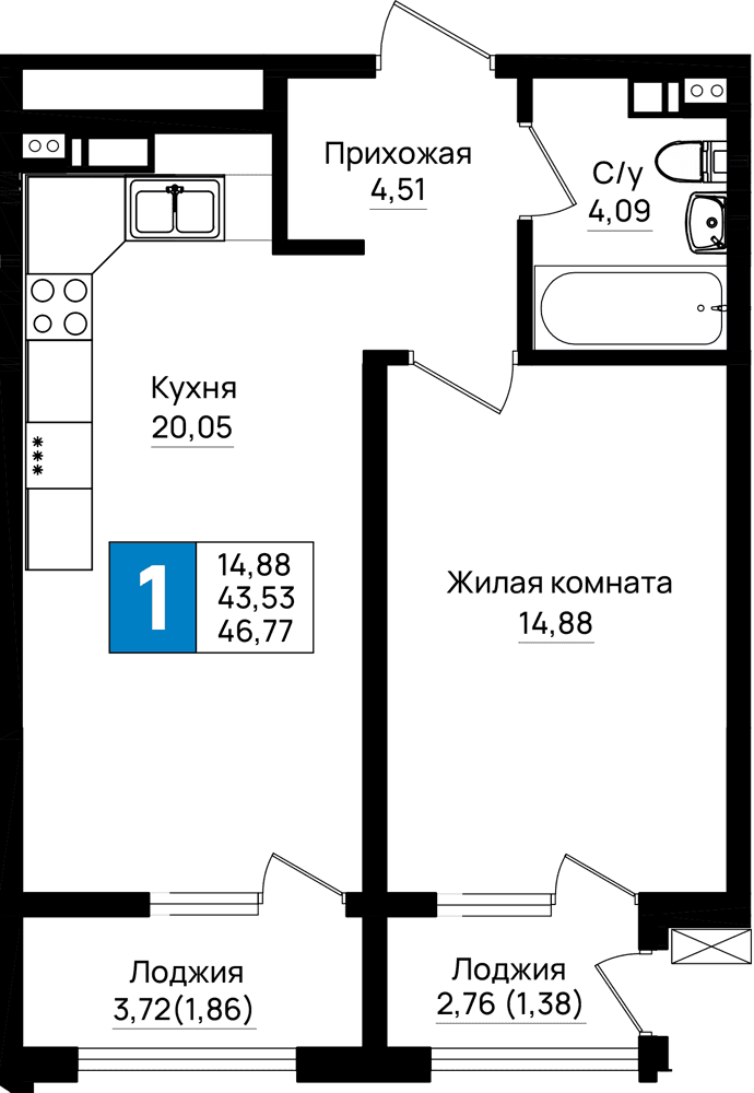 1-к, 46.77 м² · Резиденция морей