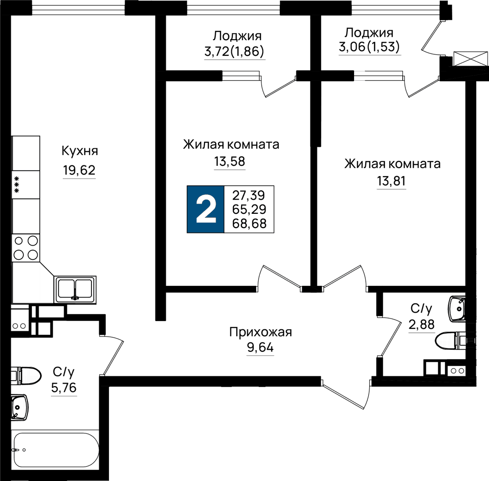 2-к, 68.68 м² · Резиденция морей