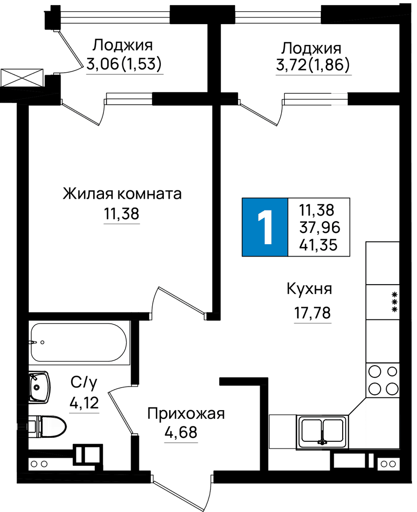 1-к, 41.35 м² · Резиденция морей
