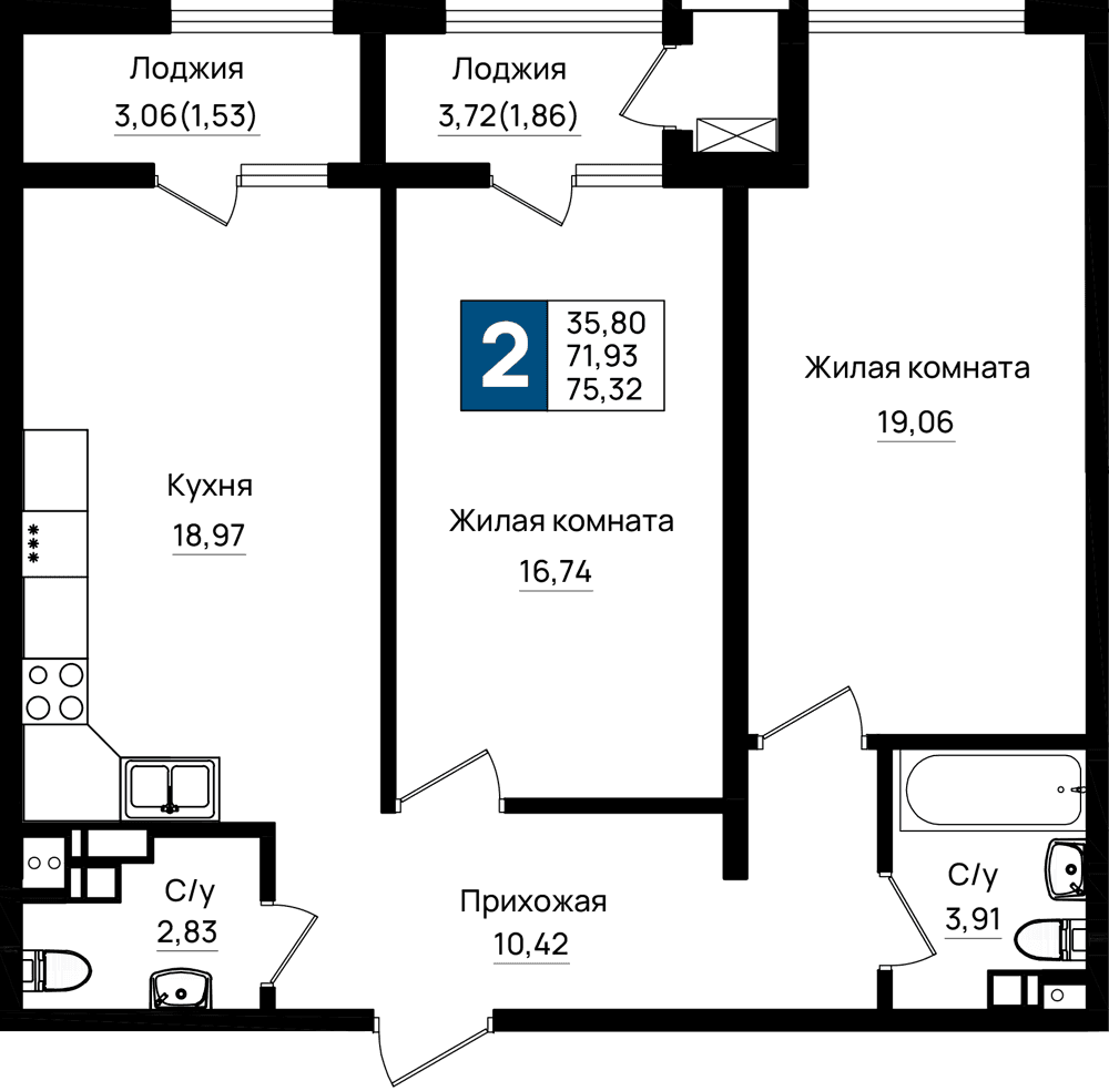 2-к, 75.32 м² · Резиденция морей