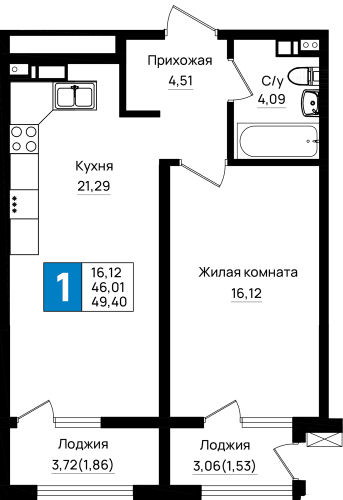 1-к, 49.4 м² · Резиденция морей