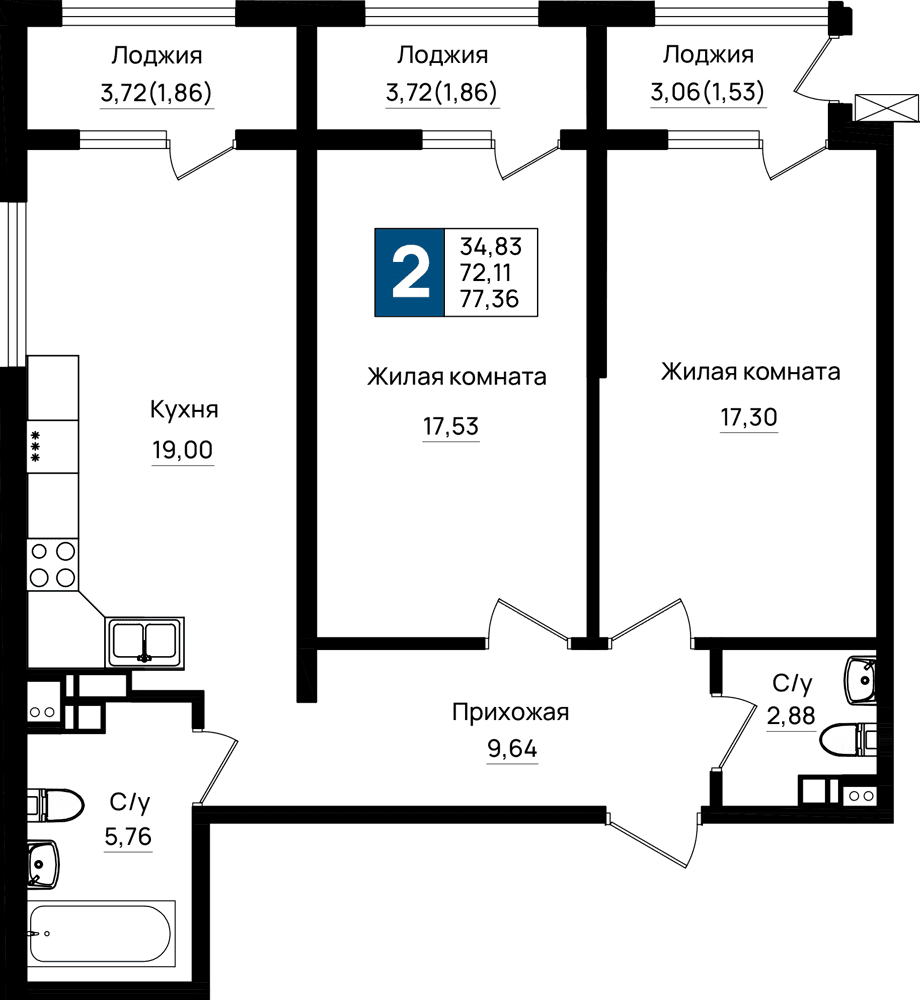 1-к, 49.07 м² · Резиденция морей