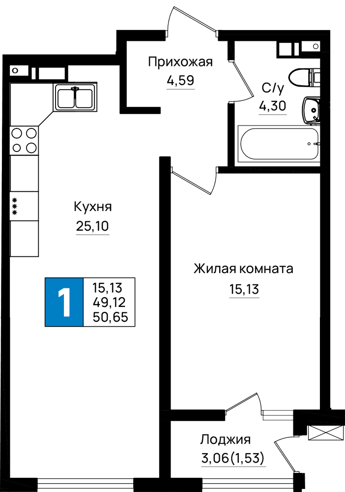 1-к, 50.65 м² · Резиденция морей