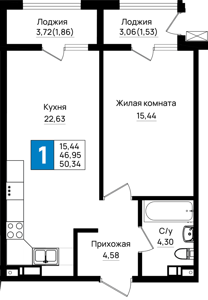 1-к, 50.34 м² · Резиденция морей