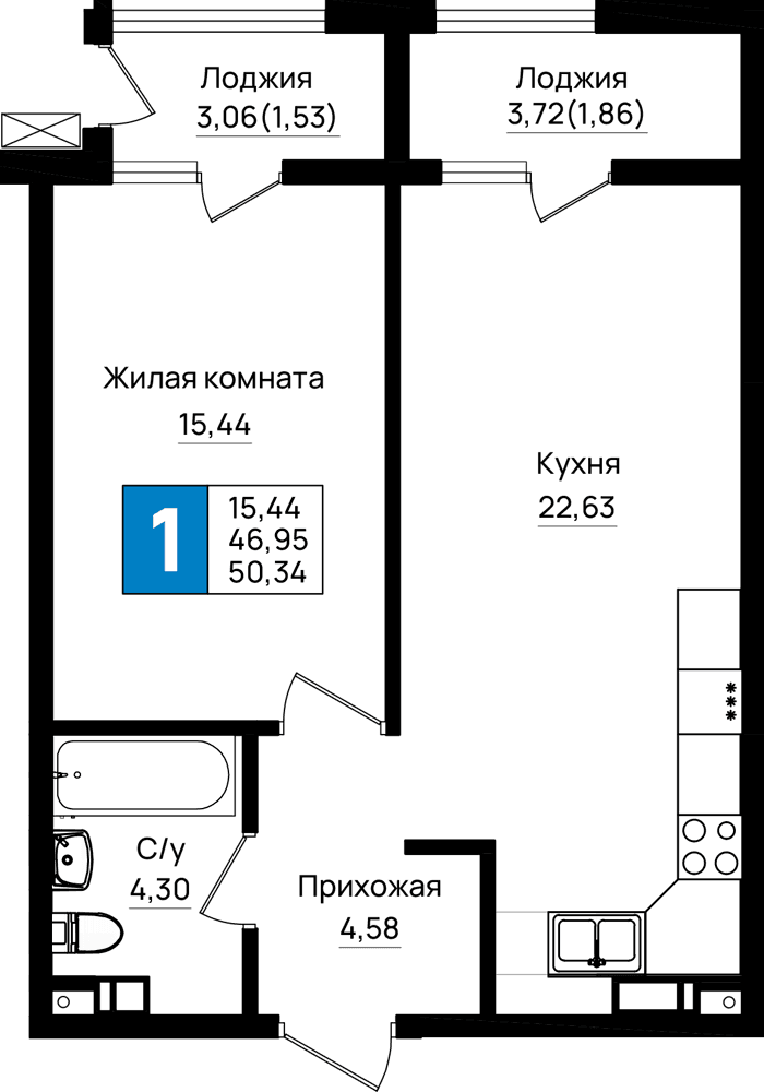 1-к, 50.34 м² · Резиденция морей