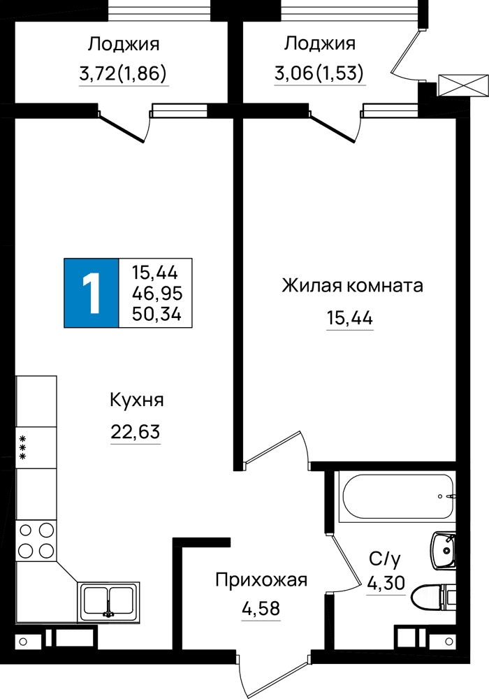 1-к, 50.34 м² · Резиденция морей