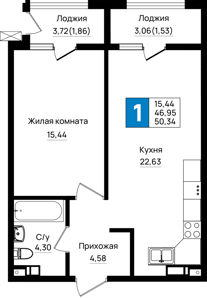 1-к, 50.34 м² · Резиденция морей