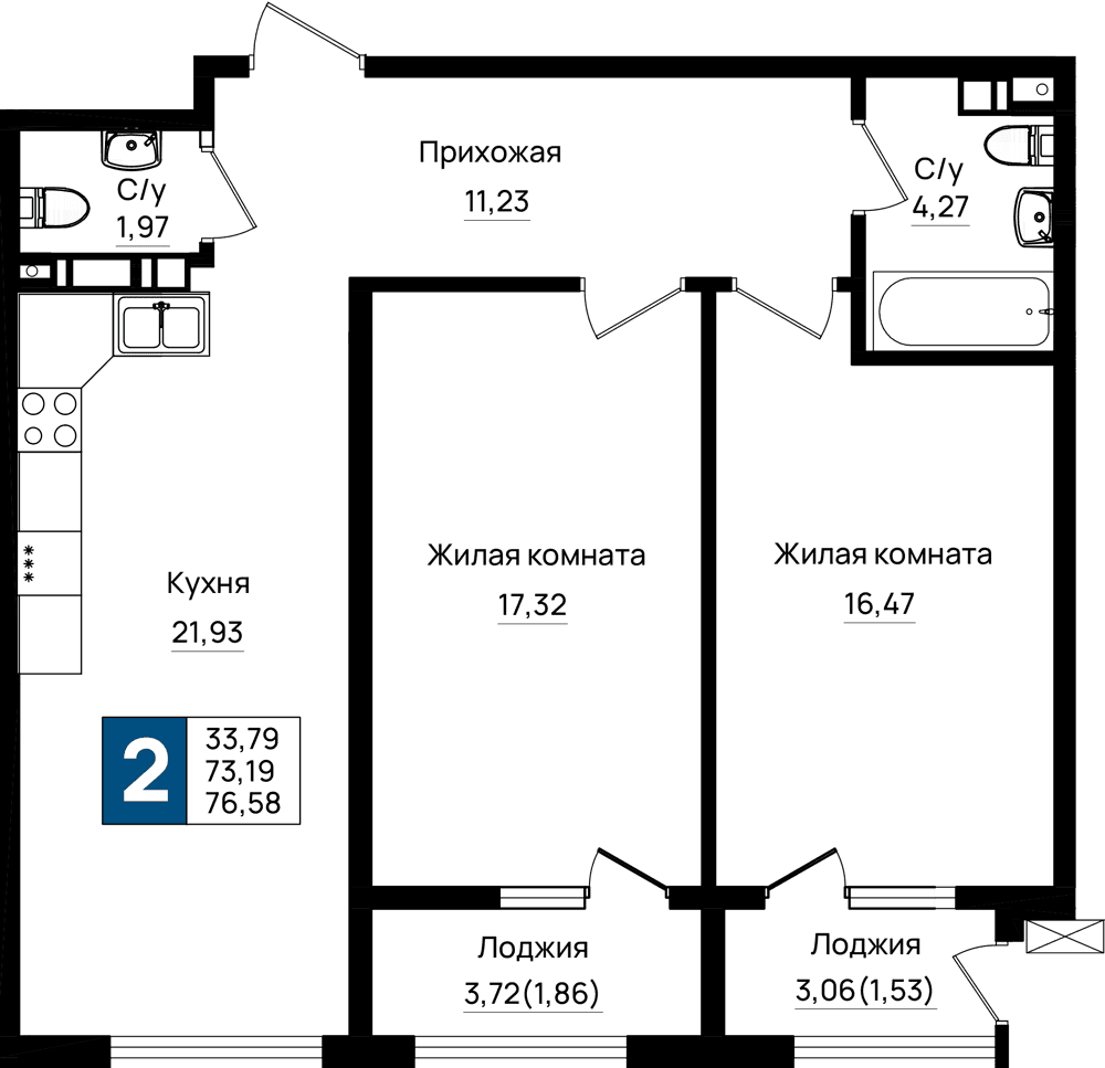 2-к, 76.58 м² · Резиденция морей