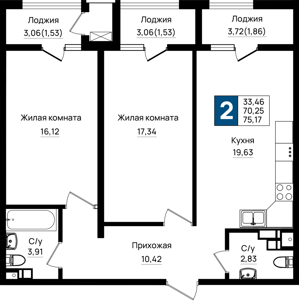 2-к, 75.17 м² · Резиденция морей