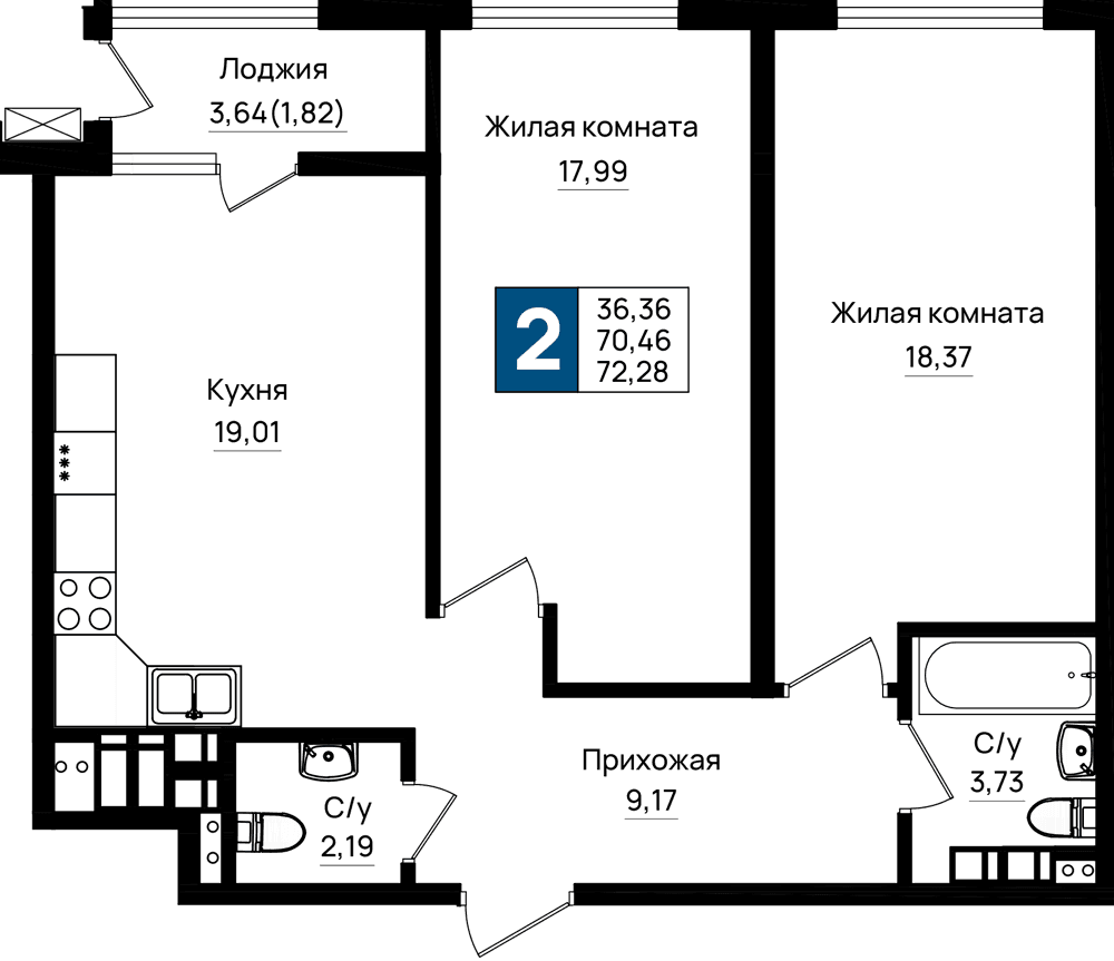 2-к, 72.28 м² · Резиденция морей