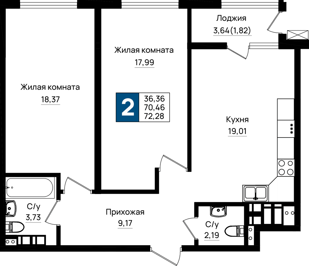 2-к, 72.28 м² · Резиденция морей