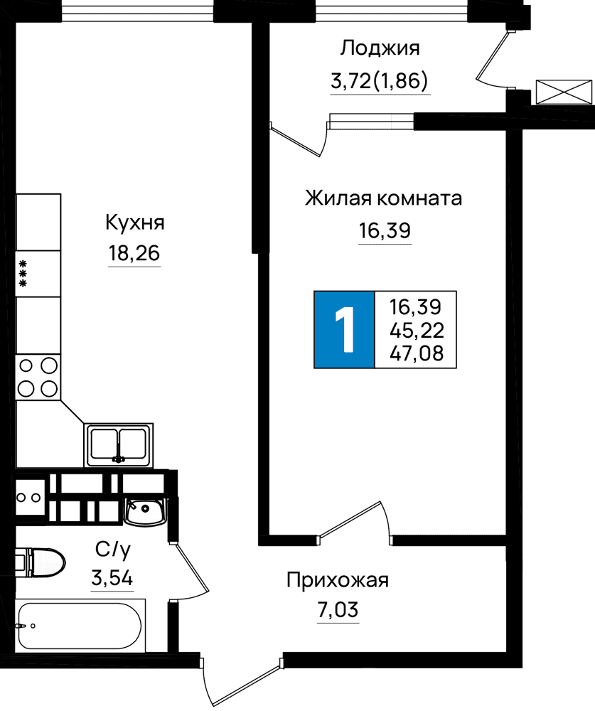 1-к, 47.08 м² · Резиденция морей