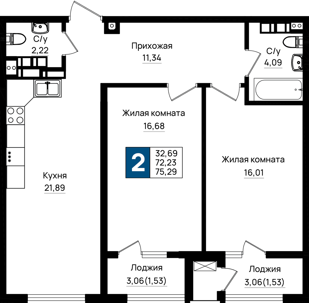 2-к, 75.29 м² · Резиденция морей