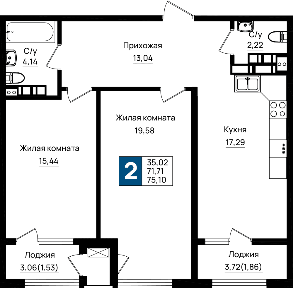 2-к, 75.1 м² · Резиденция морей