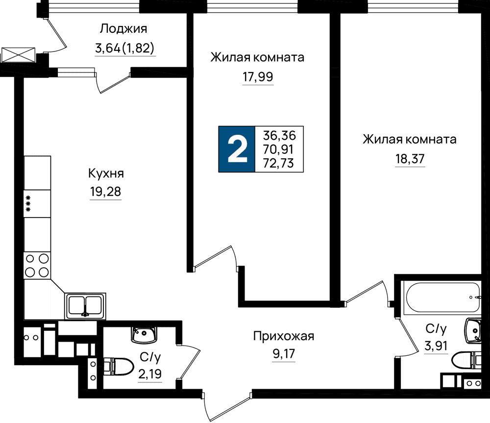 2-к, 72.73 м² · Резиденция морей