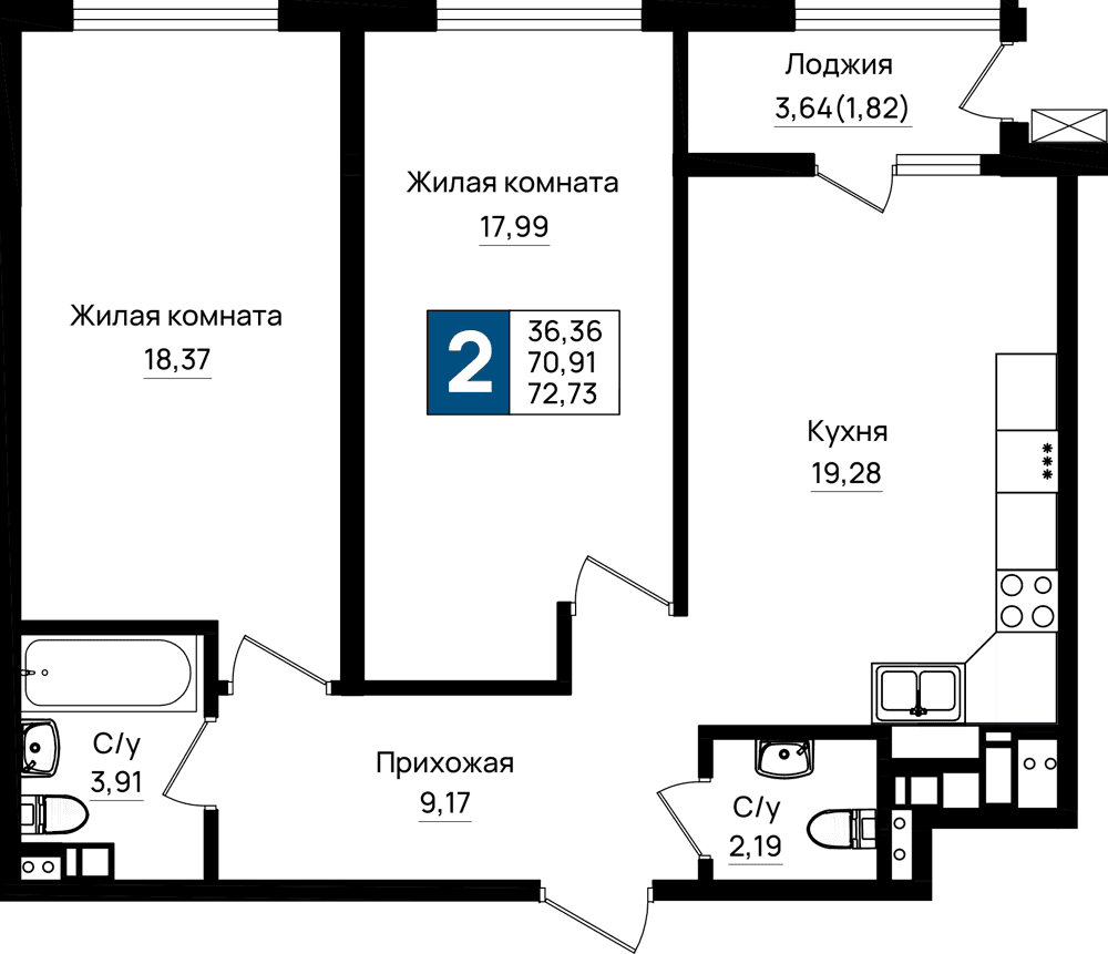 2-к, 72.73 м² · Резиденция морей