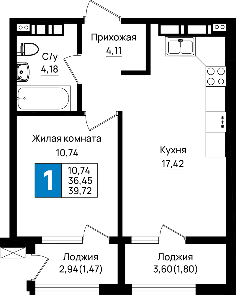1-к, 39.72 м² · Резиденция морей