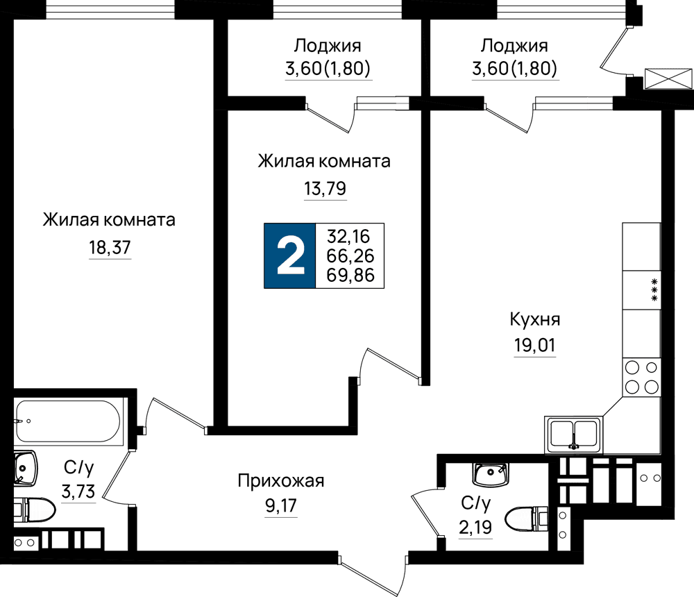 2-к, 69.86 м² · Резиденция морей
