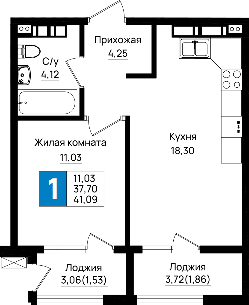 1-к, 41.09 м² · Резиденция морей