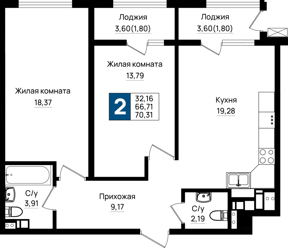 2-к, 70.31 м² · Резиденция морей
