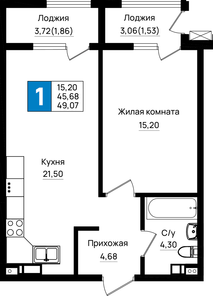 1-к, 49.07 м² · Резиденция морей