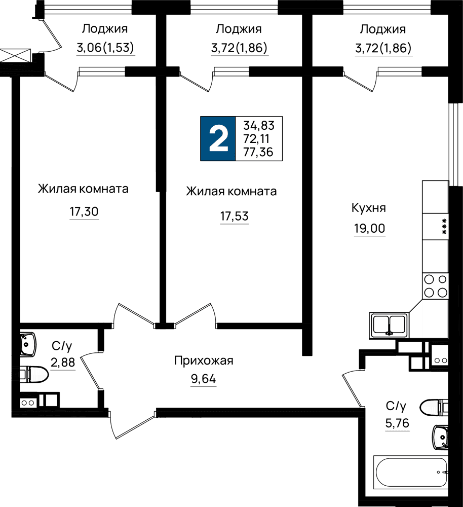 2-к, 77.36 м² · Резиденция морей