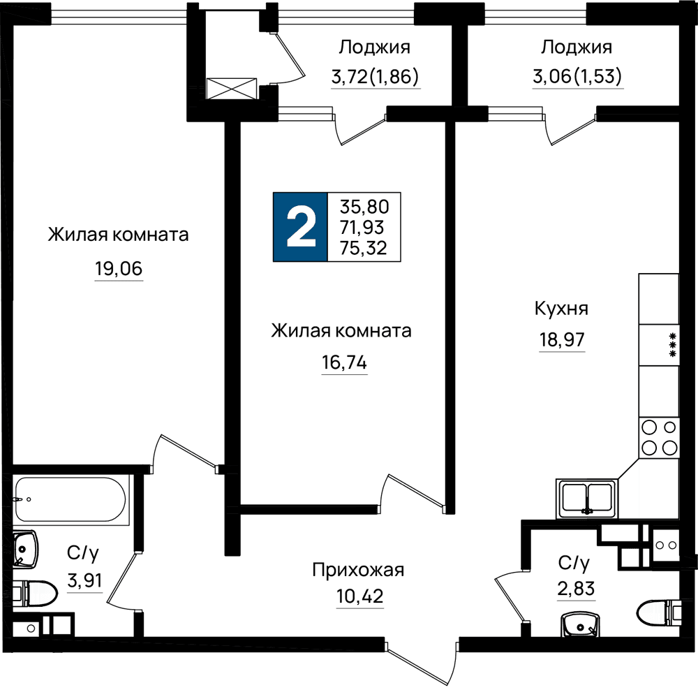 2-к, 75.32 м² · Резиденция морей