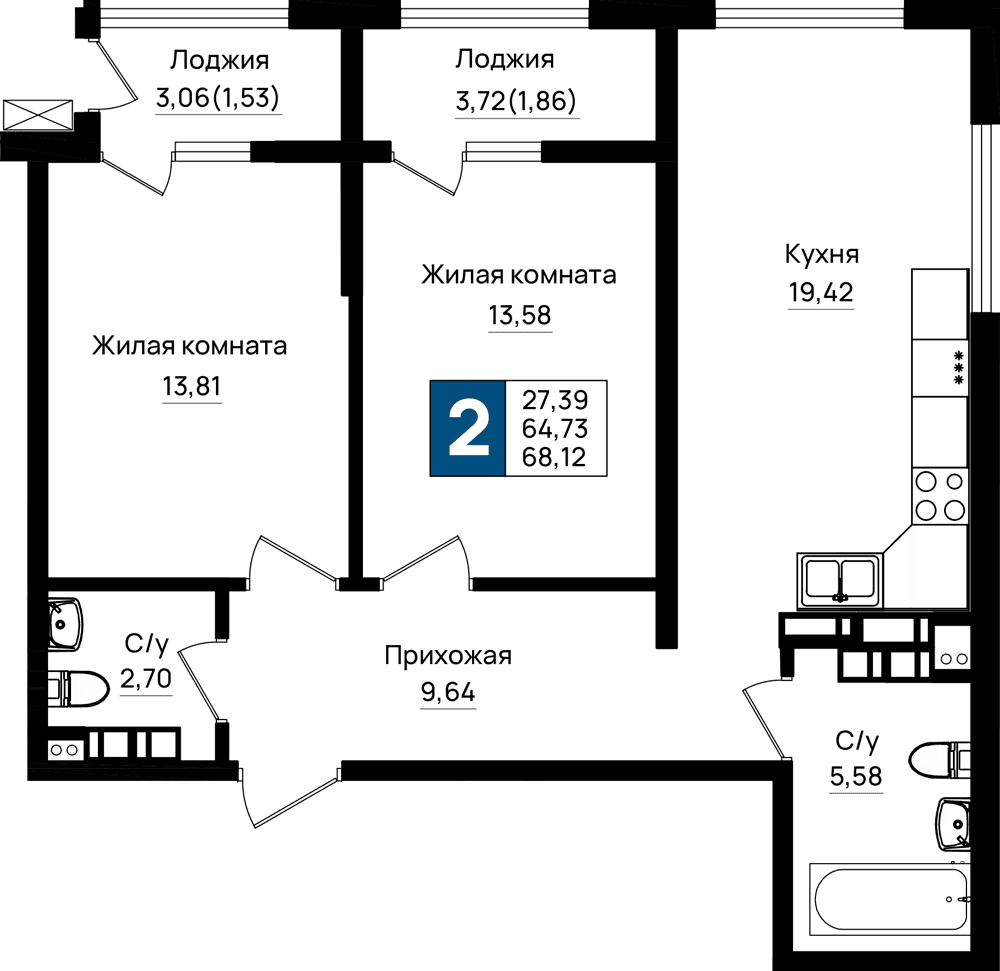 2-к, 68.12 м² · Резиденция морей