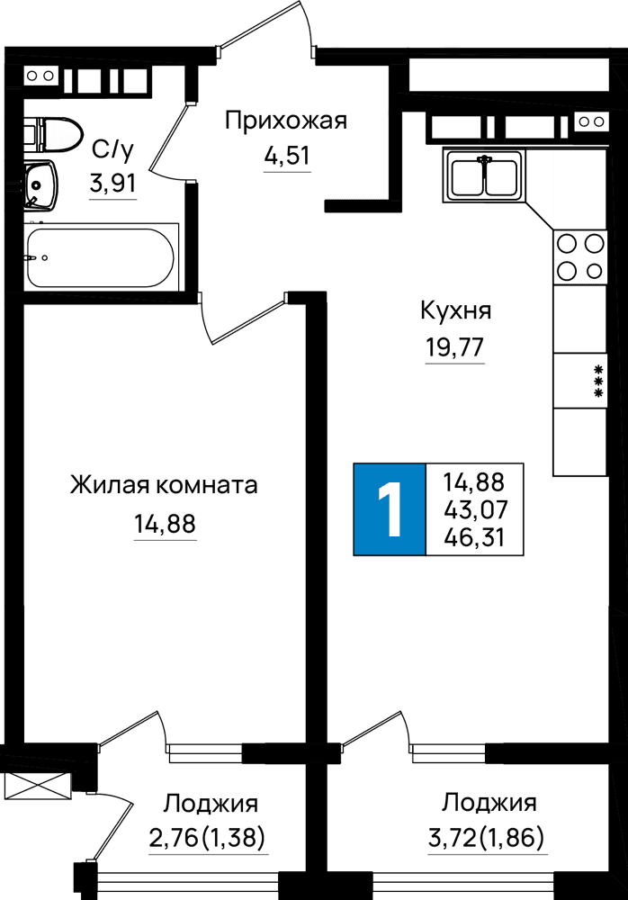 1-к, 46.31 м² · Резиденция морей