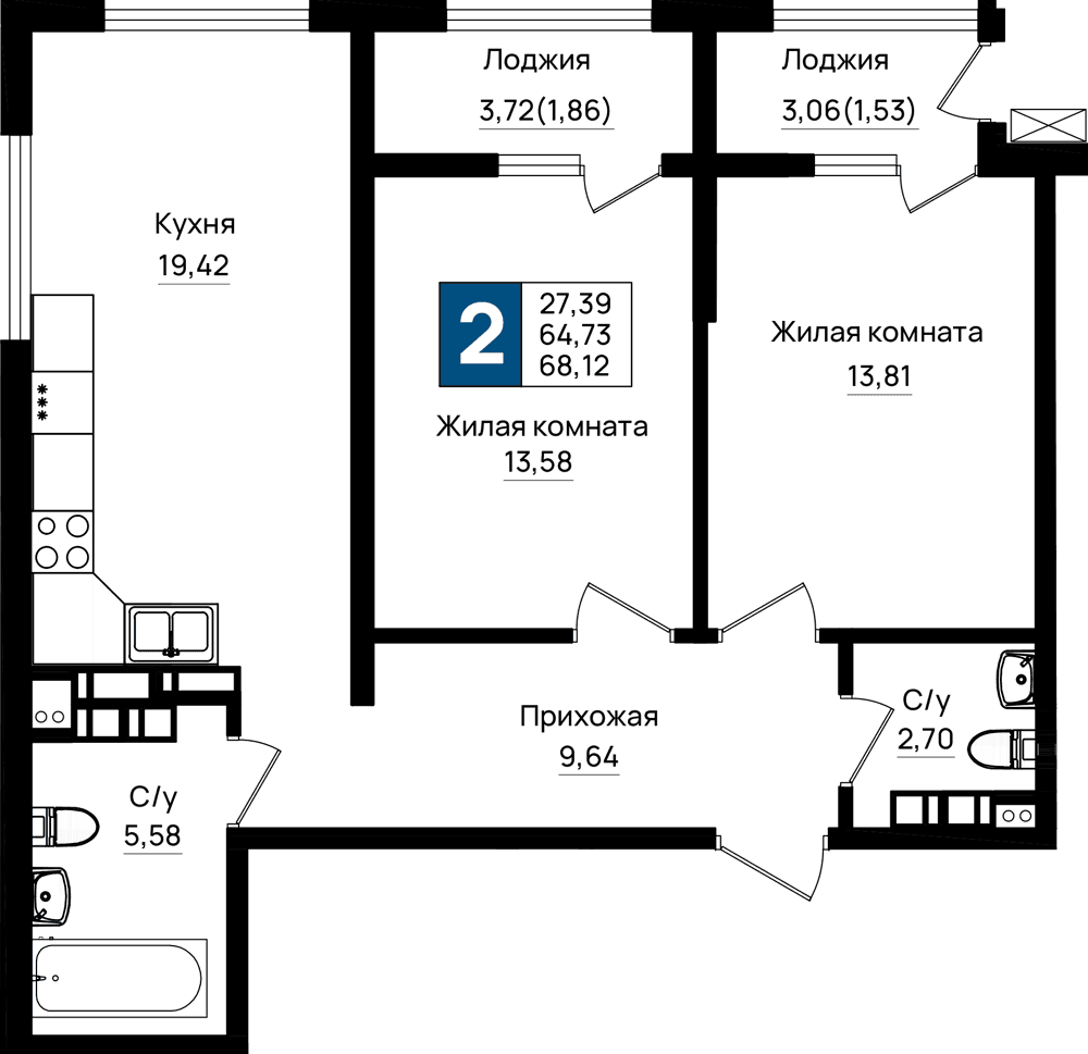 2-к, 68.12 м² · Резиденция морей