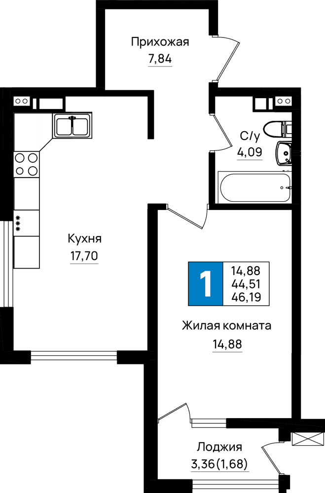 1-к, 46.19 м² · Резиденция морей