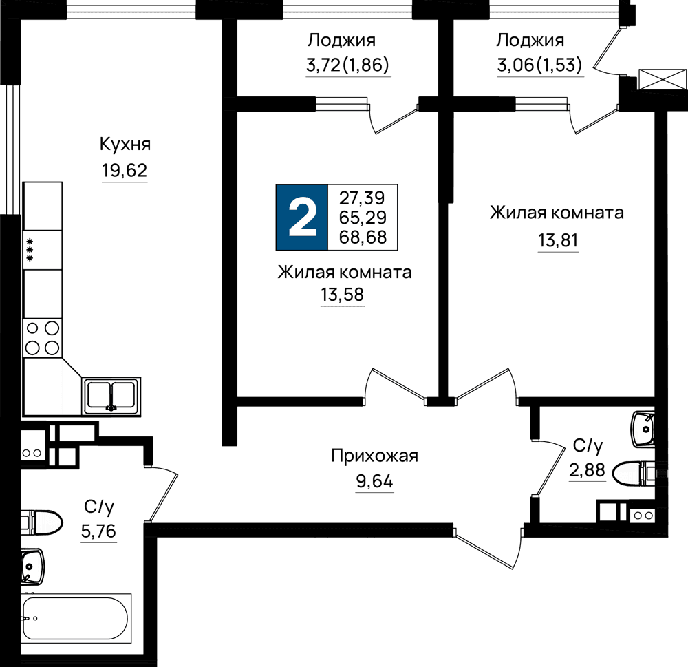 2-к, 68.68 м² · Резиденция морей