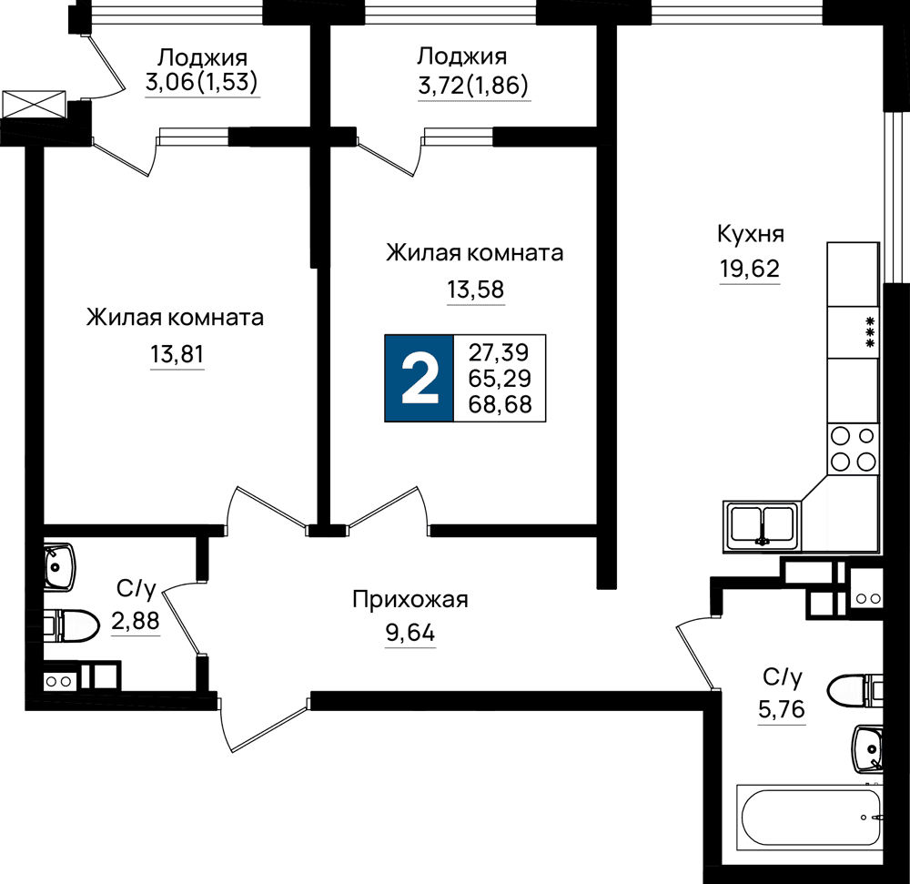 2-к, 68.68 м² · Резиденция морей