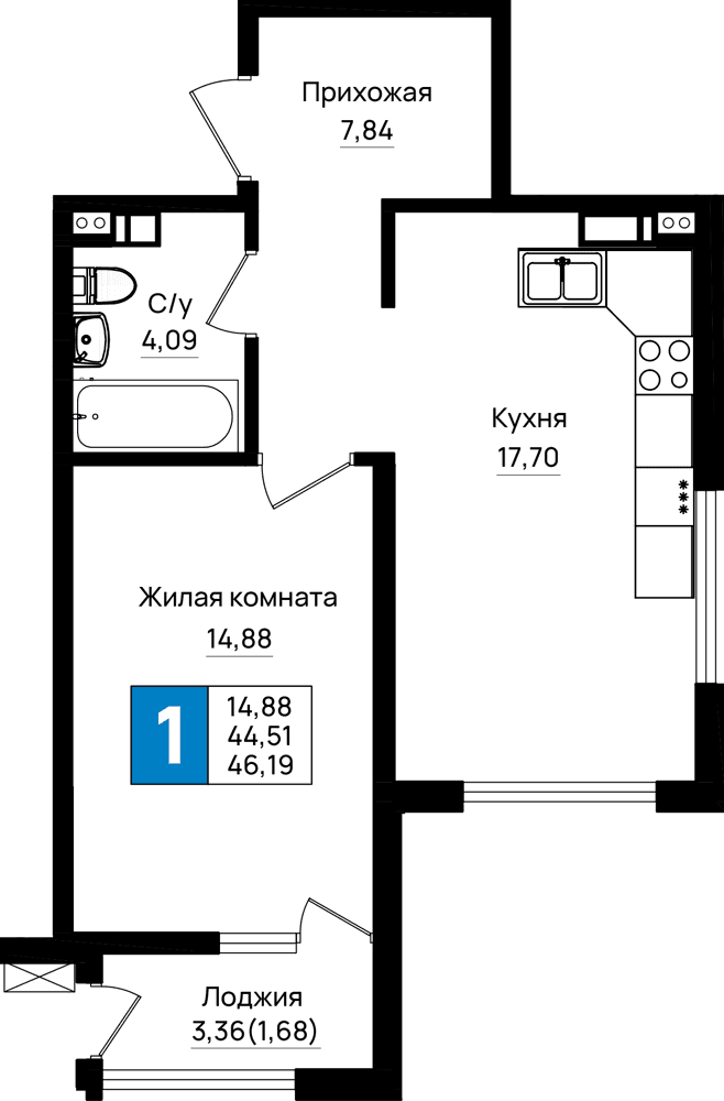 1-к, 46.19 м² · Резиденция морей