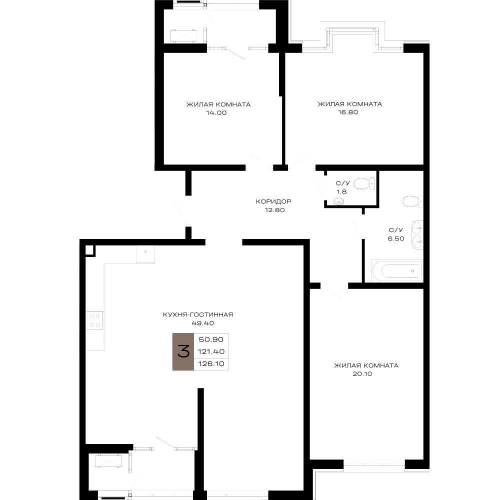 3-к, 126.1 м² · Сердце