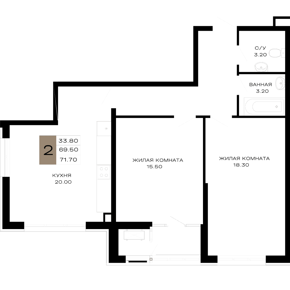2-к, 71.7 м² · Сердце