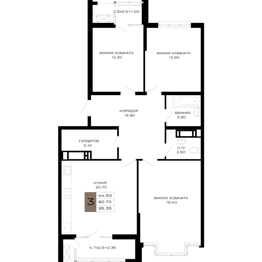 3-к, 95.35 м² · Сердце