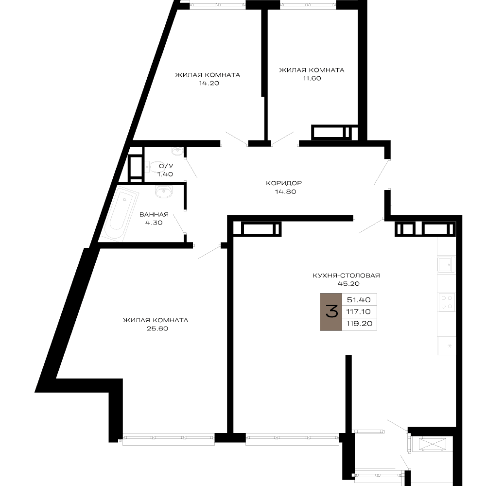 3-к, 119.2 м² · Сердце