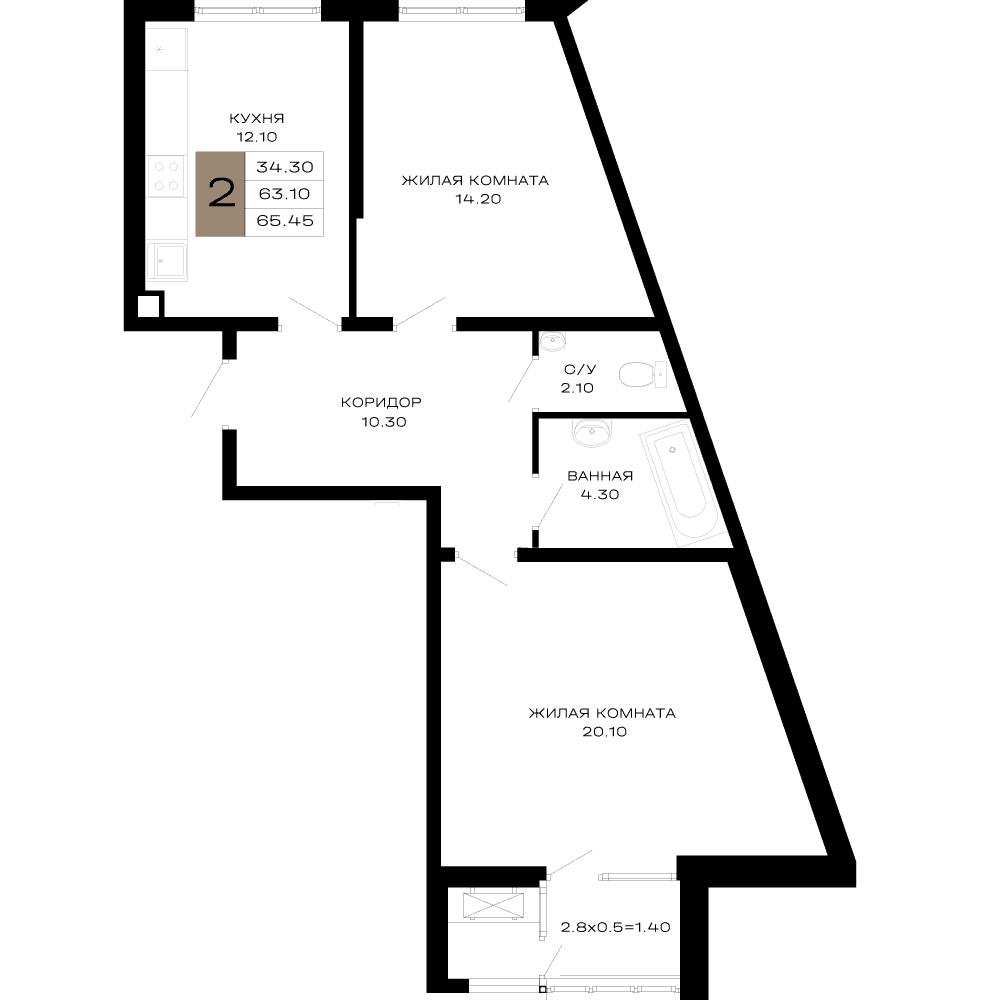 2-к, 65.45 м² · Сердце
