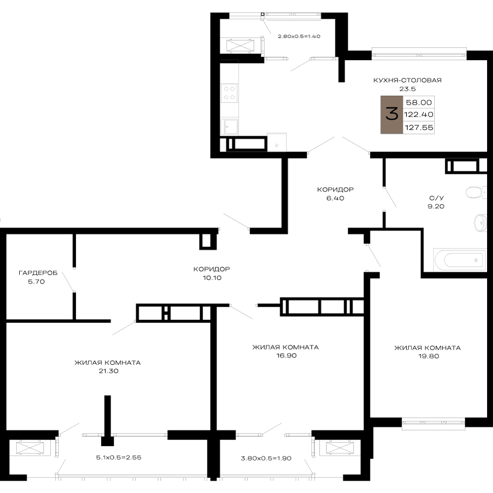 3-к, 127.55 м² · Сердце