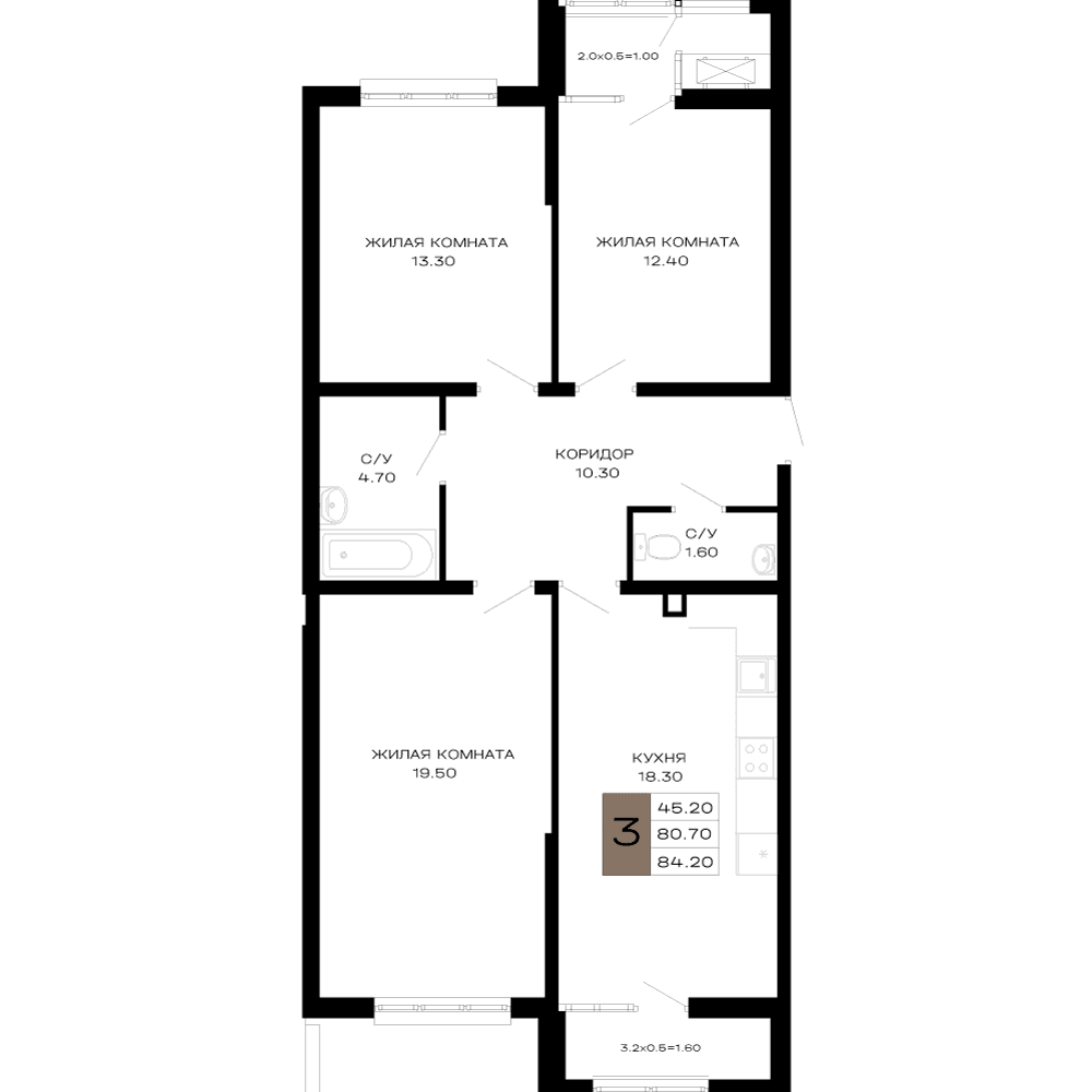 3-к, 84.2 м² · Сердце