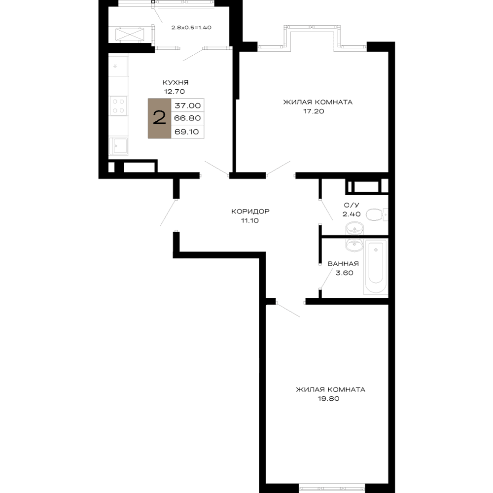 2-к, 69.1 м² · Сердце